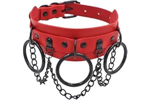 Aabellay Circle Choker Necklace PU Leather Goth Choker Collar with Black Studded Punk Rock Rivet Collar Adjustable Size - Double Layer with Circle – Red