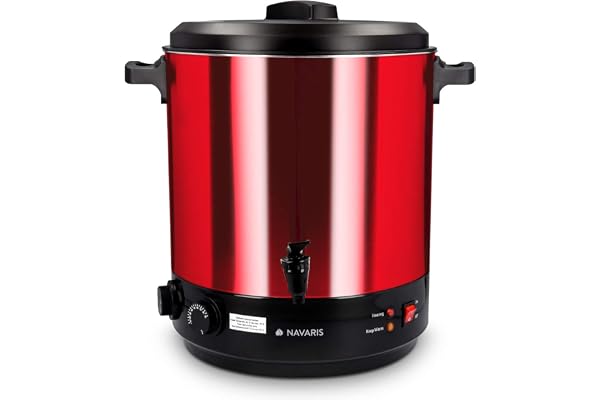 Navaris Stérilisateur à Bocaux Électrique - Machine à Vin Chaud 27L - Distributeur Boissons en Inox - Autocuiseur Minuteur - Rouge métallique