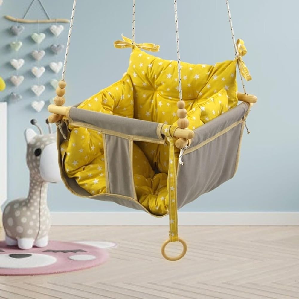 Bundera Wag Swing Çocuk Ahşap Bebek Hamak Ev Tavan Bahçe Salıncağı (Sarı)