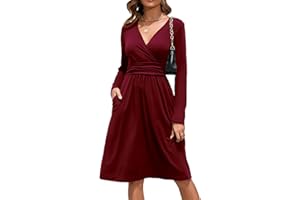 OUGES Women's Winter Long Sleeve Midi Dress V-Neck Floral Ladies Autumn Dress with Pockets