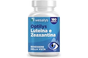 WESALYS Integratore Occhi con Luteina e Zeaxantina Alto Dosaggio,180 capsule (6 mesi di fornitura), Integratore Vista con Mirtillo Nero, Acido ialuronico, Vite Rossa, Vitamina E, Zinco, Vitamina B12. Optilys