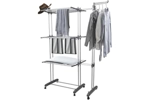 MUL-BOUTIQUE Wäscheständer, ausziehbare Länge, mobiler Wäschetrockner mit 3 Ebenen, faltbar, für drinnen und draußen, großes Fassungsvermögen, Größe 142,5 x 64 x 170 cm, mit Rollen (schwarz)