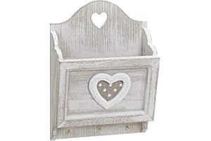 TEMPELWELT Porte-cartes avec plaque à clés - Crochet pour clés - 17 x 24 cm - En bois shabby gris blanc avec cœur - Vintage