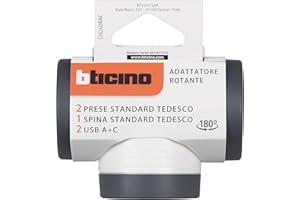 BTICINO Adattatore Rotante S3626DRAC, 2 Prese Schuko Standard Tedesco, 2 USB A+C (15W), Spina Grande 16A Rotante 180°, Presa multipla su 3 Lati, Potenza Fino a 3500W, Versatile, Salvaspazio