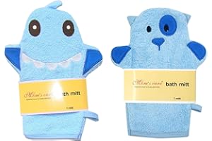 EYANDS 2Pcs Blue Baby Wash Mitt - Cute Animal Designs Kids Washcloths Glove, Child Bath Mitt for Cleanse The Skin
