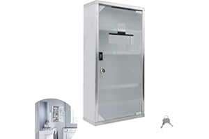 YRHome Armoire à pharmacie en acier inoxydable 4 compartiments avec porte en verre et serrure verrouillable Armoire à pharmacie Armoire à pharmacie de premiers secours 57,5 x 30 x 12 cm