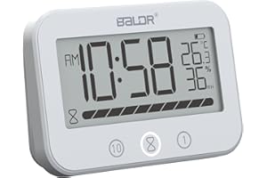 AIFIZO Baldr Reloj de baño digital IP24 resistente al agua con temperatura y humedad, cuenta regresiva de 99 minutos con alarma, temporizador LCD grande impermeable con 2 ganchos (blanco)