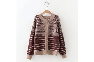 BGNHJ Cardigan Femme,Vintage Ethnique Jacquard Chunky Knit Cardigan À Manches Longues Manteau Bouton Décontracté Marron Garder Au Chaud Pull Outwear Longs Cardigans pour Femmes, Taille Unique