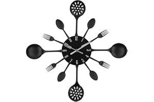 Timelike Wall Clock, 16" Metal Kitchen Cutlery Utensil Spoon Fork Wall Clock Creative Modern Home Decor Antique Style Wall Watch (Black)