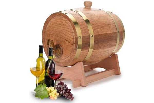 Tonneau de Vin de 5L en Chêne en Bois Vintage avec Support Récipient Distributeur Fût de Chêne à Vin pour Stockage de Vins, Brandy, Whisky, Tequila(5L)