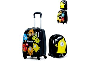 SOARS Juego de Maletas de Viaje Cabina para Niños, Juego Maletas de Viaje, 16" Maleta con Ruedas + 12" Mochila Infantil con Asa y Correas Ajustables, Individual Maleta Pequeña para Niños (Monstruos)