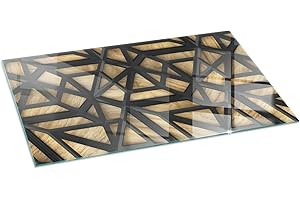 TULUP Verre Trempé pour Cheminée 140x70 cm pour Poêle Rond Résistant à la ChaleurProtecteur de Sol Imprimé Élégant Plaque de Protection Contre Les Étincelles - Géométrie avec Le Bois