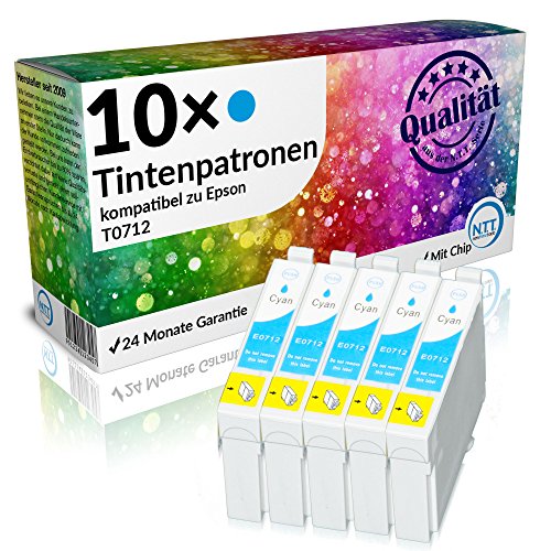 N.T.T.® 10 x Stück XL Druckerpatronen / Tintenpatronen kompatibel zu Epson T712 Cyan / Blau Sparpack