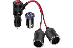 HOEMBPN 12V/24V Cable de Extensión para Mechero de Coche 1 a 2 Adaptador Divisor Toma de Enchufe 15AWG con LED Interruptor y Fusible 15A,Mini Doble USB Cargador de Coche Enchufe del Encendedor de Cigarrillos