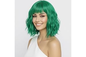 ‎SIMKAYLEE SIMKAYLEE Gewellt Kurz Perücke Damen Grün mit Pony Wellig Schulterlang Grüne Haare Bob Perücken Locken Kurzhaar für Frauen Cosplay Anime Karneval Fasching Halloween Party Short Wavy Green Wig (30cm)
