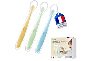NEDIT Cuillere Bebe 1er Age (3 Pièces) - Cuillère Bébé en Silicone - Cuillère Incurvée Souple Pour Les Repas de Bébé de Plus de 1 Mois - Qualité Garantie (Bleu/Vert/Jaune)