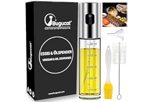 Bugucat Spruzzatore Olio 100ML,Spray Olio Cucina di Olio Ricaricabile Bottiglia di Vetro con misurazioni per Cottura Barbecue Controllo dell'Olio per frittura Diet 100ml con Imbuto a Spazzola