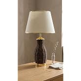 Decodelight Kahverengi &Ouml;rme Hasır ve Gold Detay Ayak A&ccedil;ık Krem Gold Şeritli Kumaş Şapka Modern Abajur Modelleri