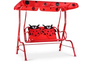 COSTWAY Kinder Hollywoodschaukel Marienkäfer, Kinderschaukel, Gartenschaukel mit Sonnendach, Gartenliege 2-Sitzer, Schaukelbank Gartenbank Rot