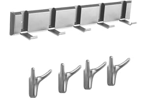 JISHSHAY Folding Coat Hooks Wall Mounted Wall Coat Hanger Door Hangers for Coats+4 Ox Horn Hooks for Hanging Towel Hook, Space-Saving, Strong Bearing, for Bedroom Bathroom Kitchen, Aluminium, Grey