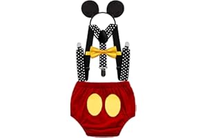 FMYFWY Costume da Topolino, Neonato Bambino 1 ° Compleanno Outfits per Festa Fotografia Carnevale Halloween Cosplay, Pantaloncini + Bretelle + Papillon + Fascia per Topolino, 4 Pezzi