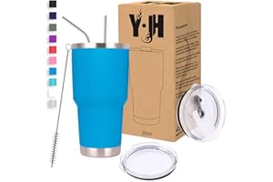 YJH Y·JH 30oz (850ml) Taza Termo Cafe Para Llevar - Vaso Con Pajita - Taza Térmica de Acero Inoxidable Reusable - 2 Tapas a Prueba de Salpicaduras Pajitas - Azul Celeste