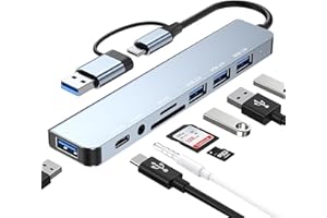 AVIGERS HUB USB 3.0, 8 en 2, Adaptador Tipo C con USB 3.0, 3 puertos USB 2.0, USB tipo C, Lector de Tarjetas SD/TF, 1 ranura para 3.5mm Audio, USB Verteiler para MacBook Air/Pro, Samsung, Windows, Laptop, etc
