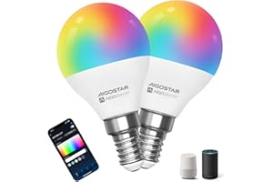 Aigostar Lampadine Alexa, Lampadine Wifi G45 E14 6.5W, Lampadina Smart RGBCW Compatibile con Alexa/Google Home, Nessun Hub Richiesto. Funzionamento a Distanza, Controllo Vocale, 2 Unità.