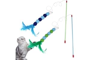 FEIBETY 2Pcs Cat Feather Toys,Cat Wand Toys with Bell and Plush Balls,Colourful Interactive Kitten Teaser Pet Toy Wire Chaser Wand Teaser Feather for Pet Indoor Playing Exercising Interactive Training