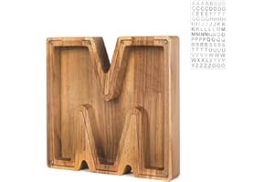 FOHYLOY Wooden Letter Piggy Bank, Personalized A-Z Letter Piggy Bank for Kids and Adults, Wooden Coin Bank Money Box with Alphabet Stickers, Home Decoration Birthday Gift for Boys and Girls (M)