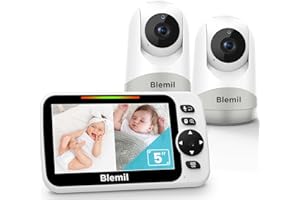 Blemil Babyphone mit 2 Kameras und Audio 30 Stunden wiederaufladbare Batterie, 5" großer geteilter Bildschirm, ferngesteuerte Schwenk-/Neige-/Zoom-Kamera, Zwei-Wege-Gespräch, Nachtsicht, kein WiFi
