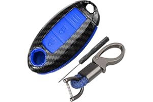 Happyit ABS Fibra de Carbon Cáscara + Silicona Funda para Llave de Coche Llavero para Nissan 350Z Qashqai J10 J11 X-Trail t31 t32 Patadas Tiida Pathfinder Murano Note Juke 3 Botones (Azul)