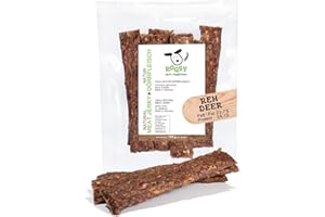 ROQSY Natur-Dörrfleisch 100% REH – Getreidefrei, Kauartikel, Trockenfleisch, Leckerli für Hunde, Idealer Snack für Welpen, Kaustreifen, Barf-fähig, Jerky – 100g