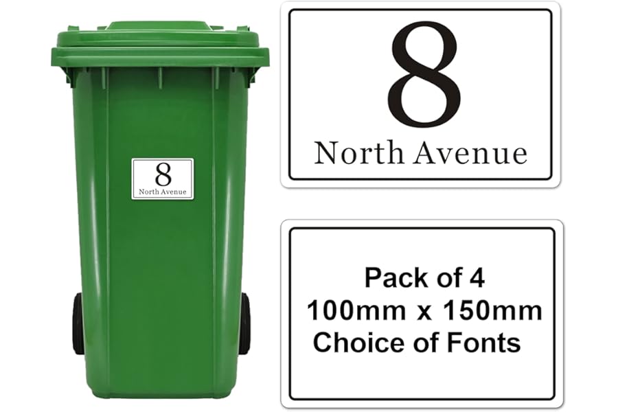 4 x Personalised Bin Numbers for Wheelie Bins, Custom Wheelie Bin Stickers, 150 x 100 MM Customised Number Stickers for Wheelie Bins, Waterproof Number Sticker with House Numbers Street Name(White)