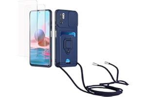 Kaslly Funda con Cuerda para Redmi Note 10 5G/Xiaomi POCO M3 Pro 5G+[2 Pack Protector Pantalla],Case con Ranura para Tarjetas,Cubierta de Cámara Deslizante Proteger,Doble Cara Protección-azul marino