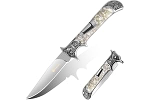 Poktlife Navaja Plegable,Navaja de Acero Inoxidable de Bolsillo con tallados patrón Retro Mango de Metal y Madera (Blanco)