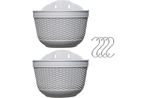 BULZEU Set of 2 Pcs Hanging Planters Outdoor Hanging Basket Plastic Flower Pot Plants Holder Hanger for Balcony Fence Wall Mounted Planters with Drainage and 4 Hooks (grey+grey)