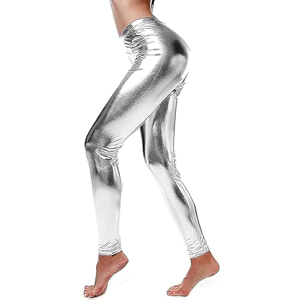 Leggings Metallici Effetto Bagnato Donna - In Ecopelle Lattice Per Feste E Carnevale (S/M O L/XL)