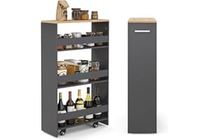 COSTWAY Chariot de Rangement 20 cm à roulettes, Desserte de Cuisine à 4 Niveaux avec Poignée Latérale et Roues Universelles avec Freins, Design Étroit pour Petit Espace (Gris + Naturel)