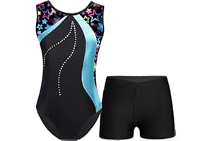 Oyolan Enfant Fille Justaucorps Gymnastique Strass Imprimé avec Short Gym Danse Patinage Entraînement Performance Costume Dancewear 3-14 Ans