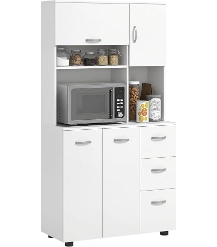 Küchenschrank Hochboard Mit LED-Beleuchtung – 100x47x187 Cm, Grau/Natur, Platz Für Mikrowelle & Viel Stauraum