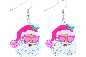 Ticome Cute Hot Pink Santa Earrings with Christmas Tree Acrylic Drop Dangle for Women Girls Vintage Holiday Xmas Party Jewelry
