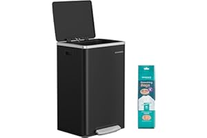 SONGMICS Mülleimer 50 L, 15 Müllsäcke, Stahl, herausnehmbarer Inneneimer aus Kunststoff, mit Deckel, Griffe, Softclose, tintenschwarz LTB595B02