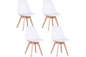 EGOONM Set di 4 Sedie da Pranzo Scandinave, Sedie da Imbottite Retrò da Cucina/Sedia da Ufficio con Gambe in Legno massello di faggio (4, Bianco)
