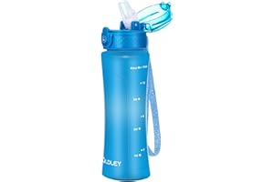 OLDLEY 450ml/15oz Botella Agua para Niños con Pajita Botellas de Bebida Reutilizables con Marcas de Tiempo para la Escuela Hogar Camping Deportes al Aire Libre Sin BPA A Prueba de Fugas Durable