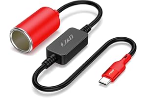 J&D Cable Convertidor de USB C Macho a Enchufe de Encendedor de Cigarrillos 12V, Cable de Alimentación 12V 18W para Dash CAM, GPS, Tiras de Luces LED para Auto, Rojo, 90 cm