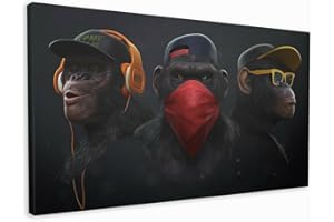 M2M PRINTS Impression sur toile avec 3 singes de la sagesse - Impression murale amusante avec casque de chimpanzé - Art urbain pour décoration d'intérieur moderne - 76,2 x 50,8 cm