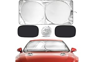 PEYOU Car Windscreen Sunshade +Bonus 2 PACK Car Side/Rear Window Sun Shade, Foldable Front Window Sunshades, Block UV Rays to Keep Vehicle Cooler for Car, SUV, Van, Truck (160 x 83 CM)