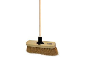 NOVOSTYL 10” Soft Broom Indoor with Wooden Handle Natural Coco Bristles Sweeping Brush with Durable Support Bracket for Cleaning Any Surface Wooden Floor Decking and Paving Slabs (Pack of 1)