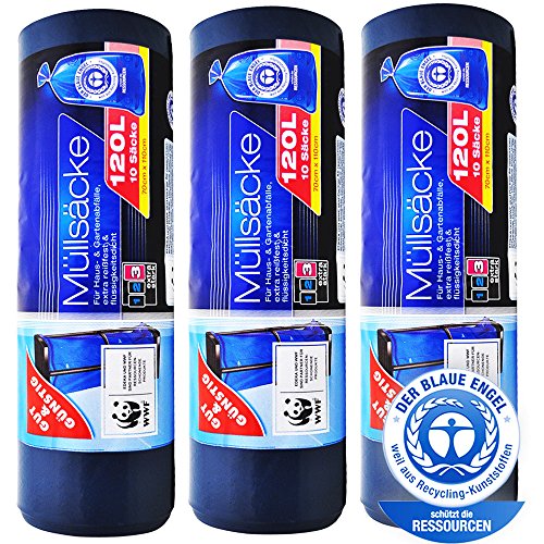 Öko Müllsäcke – Extra Reißfest & Flüssigkeitsdicht – 120 Liter – 3er Pack (3 x 10 Stück) „Blauer Engel“ Zertifikat - 2